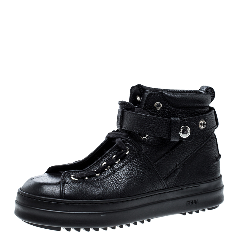 Fendi Black Leather Lace Up High Top Sneakers Size 41