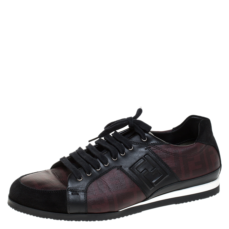 مملوكة مسبقًا Fendi Black/Burgundy Zucca Coated Canvas and Leather Lace Low Top Sneakers Size 44