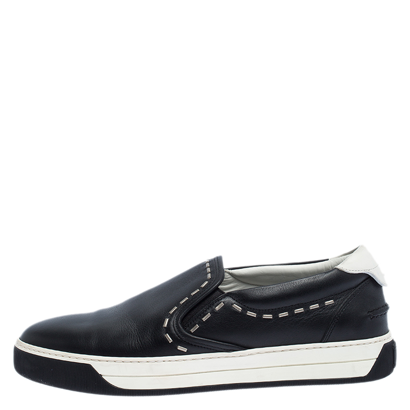 

Fendi Black Leather Metal Stitch Slip On Sneakers Size