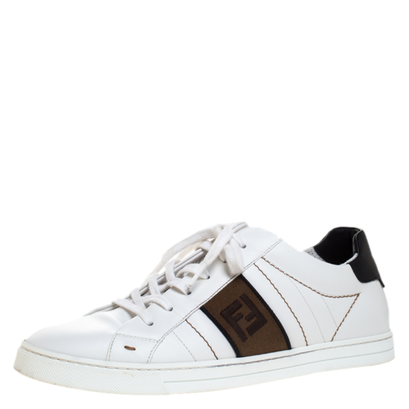 Pre-owned Fendi White Leather And Ff Logo Lace Up Low Top Sneaker Size 40