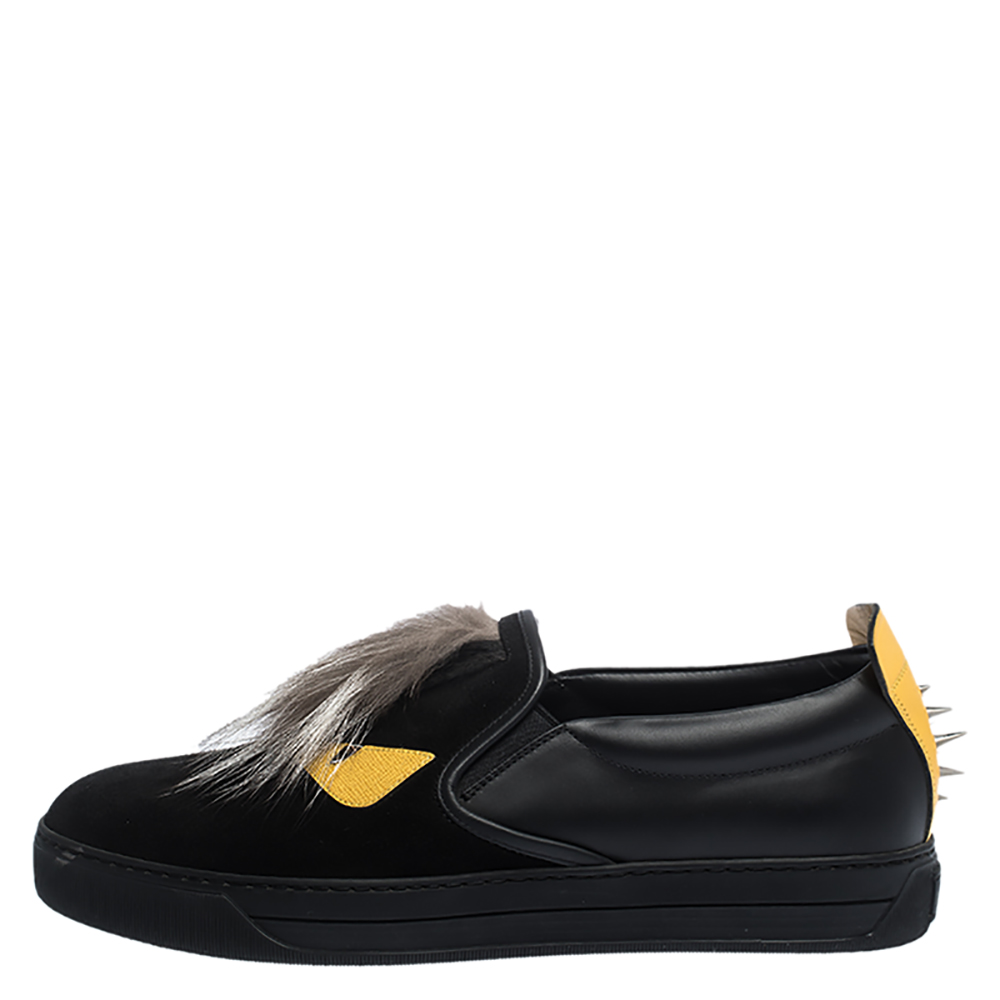 

Fendi Black/Yellow Leather and Suede Fur Detail Monster Slip On Sneakers Size