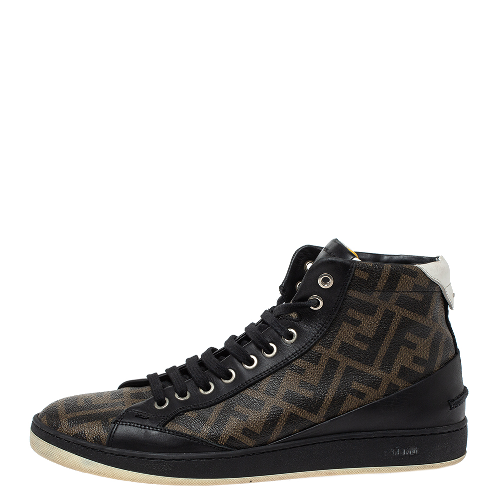 

Fendi Black/Brown Zucca Coated Canvas And Leather Wimbledon High Top Sneakers Size