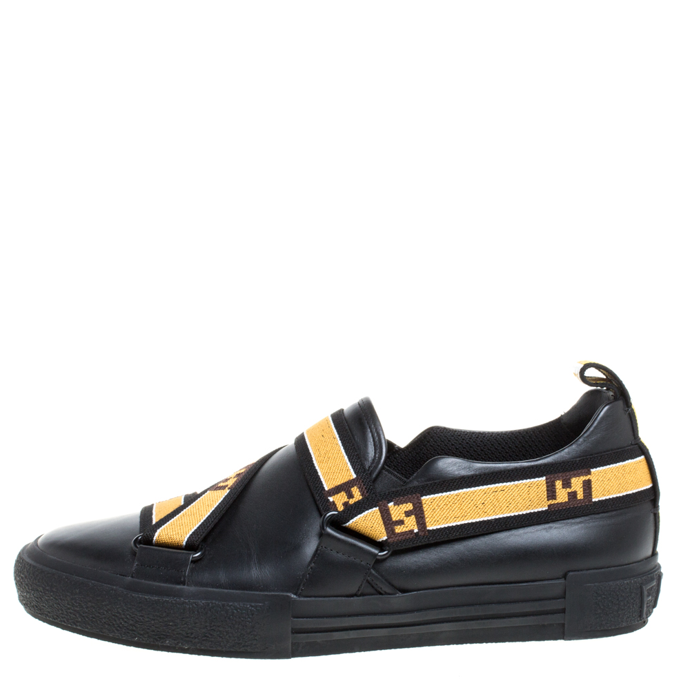 

Fendi Black Leather Logo Elastic Strap Slip On Sneakers Size