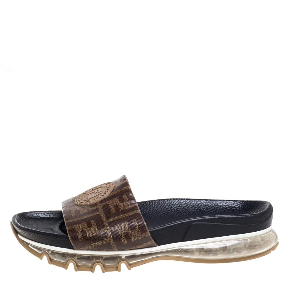 

Fendi Brown/Beige Coated Canvas FF Logo Bubble Sole Slides Size