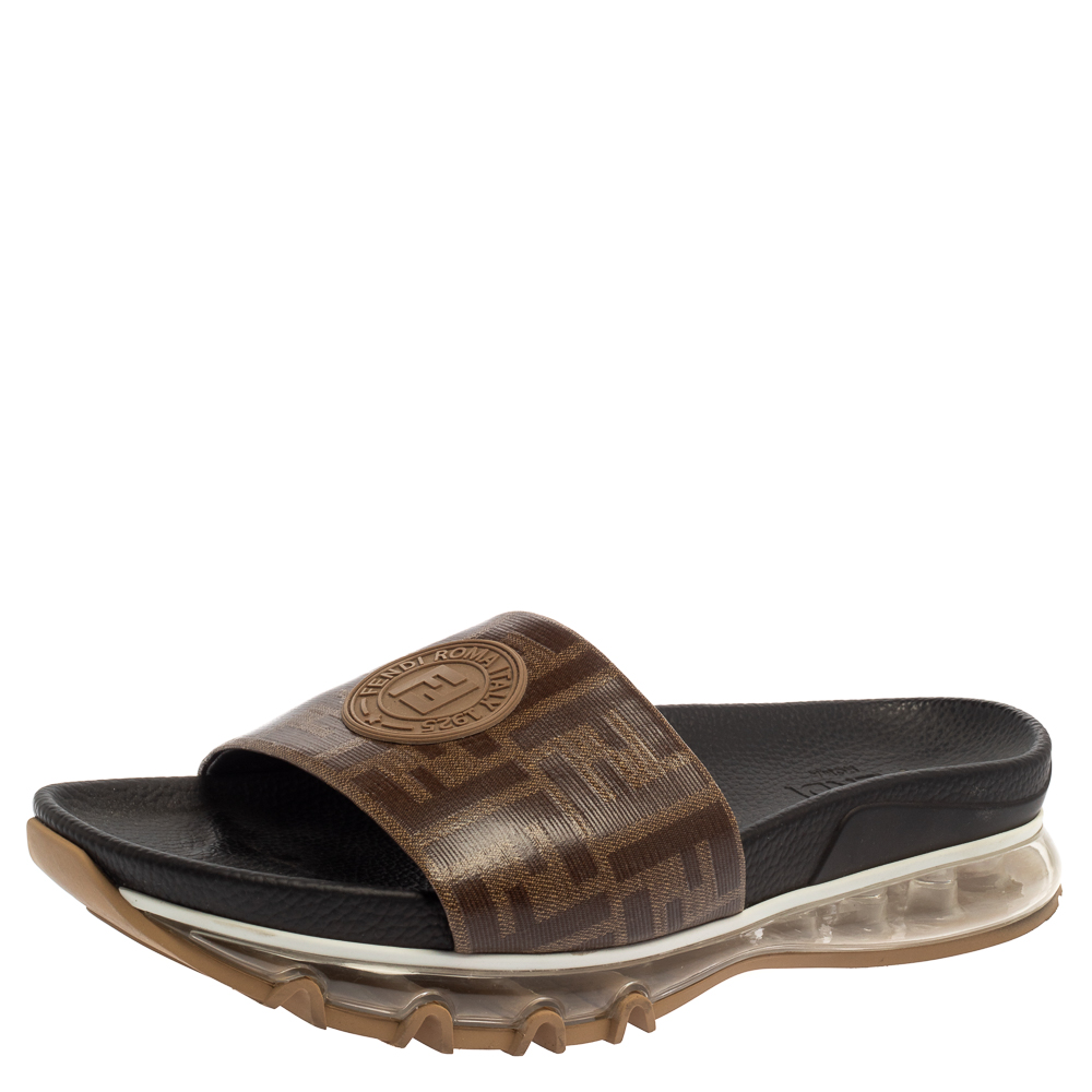 Pre-owned Fendi Brown Zucca Coated Canvas Embellished Flat Slide Sandals Size 43