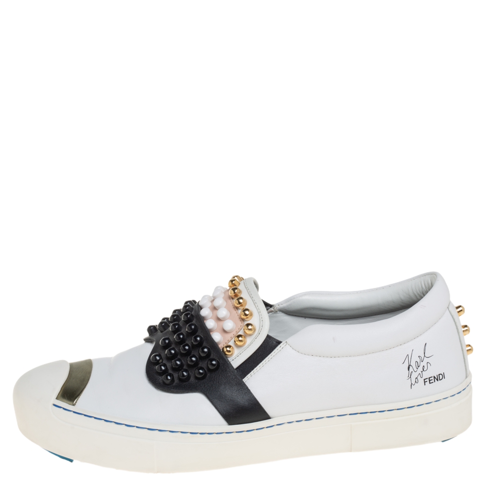 

Fendi White/Black Leather Studded Karlito Slip On Sneakers Size