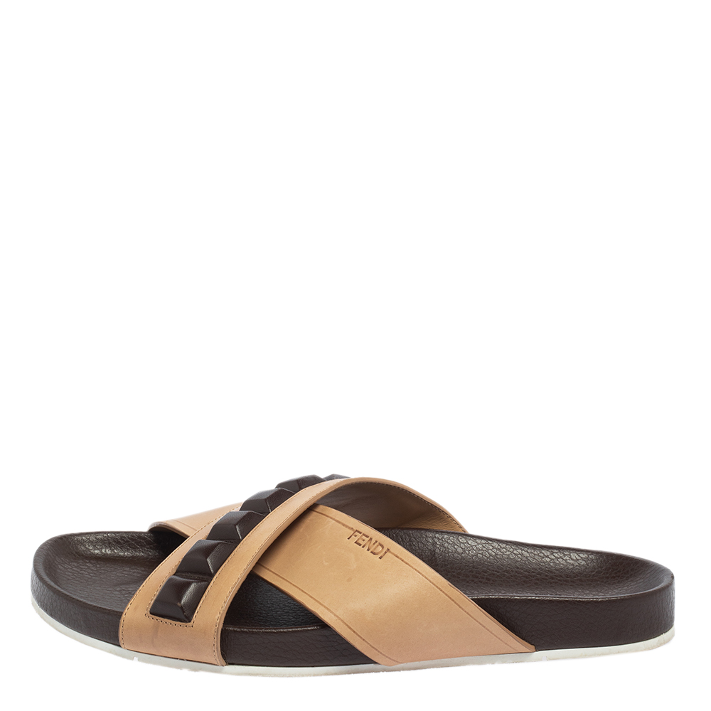 

Fendi Brown Leather Cross Strap Slide Sandals Size