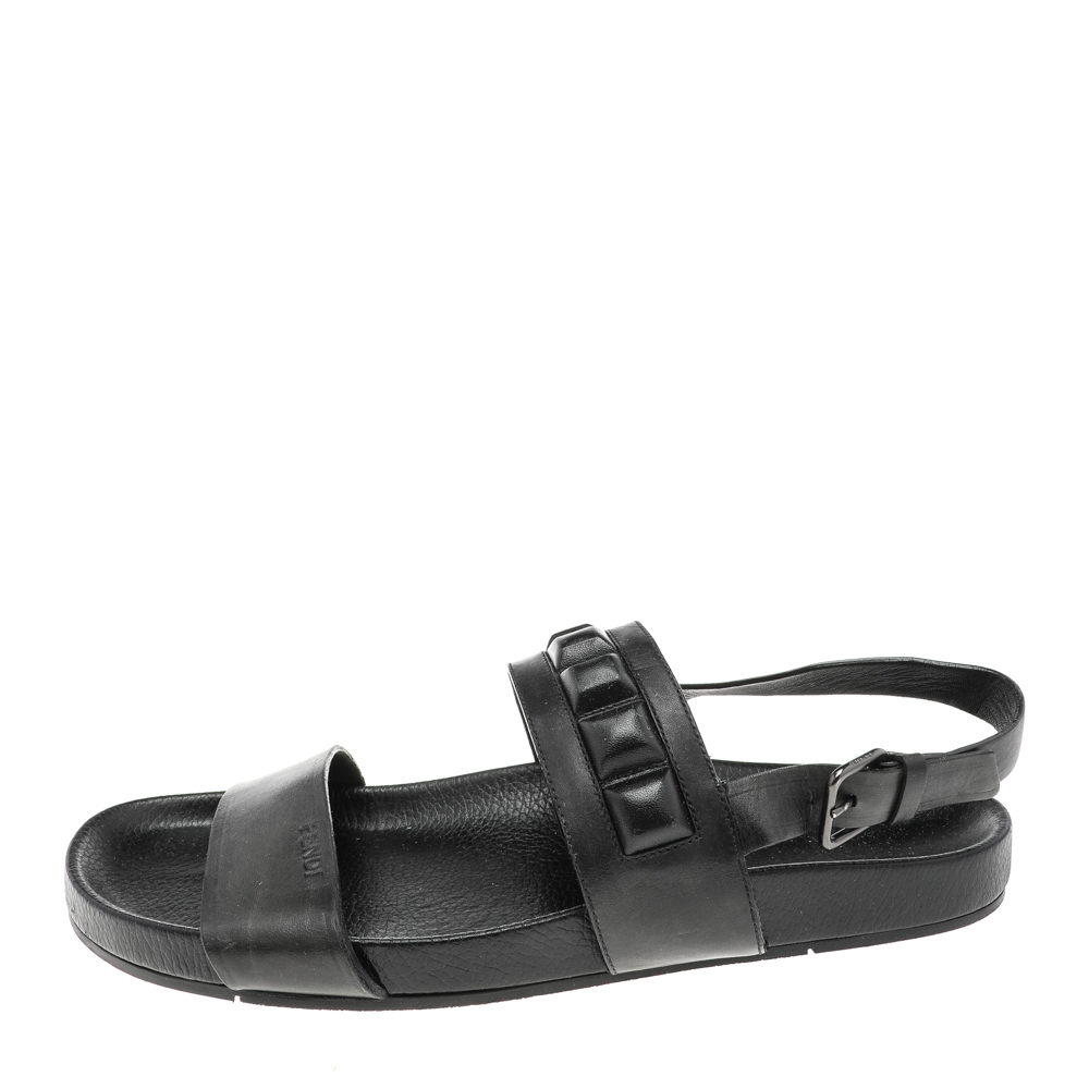 

Fendi Black Leather Logo Flat Sandals Size
