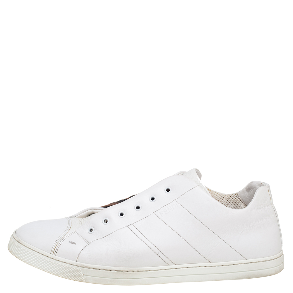 

Fendi White Leather FF Logo Cross Band Slip-On Sneakers Size
