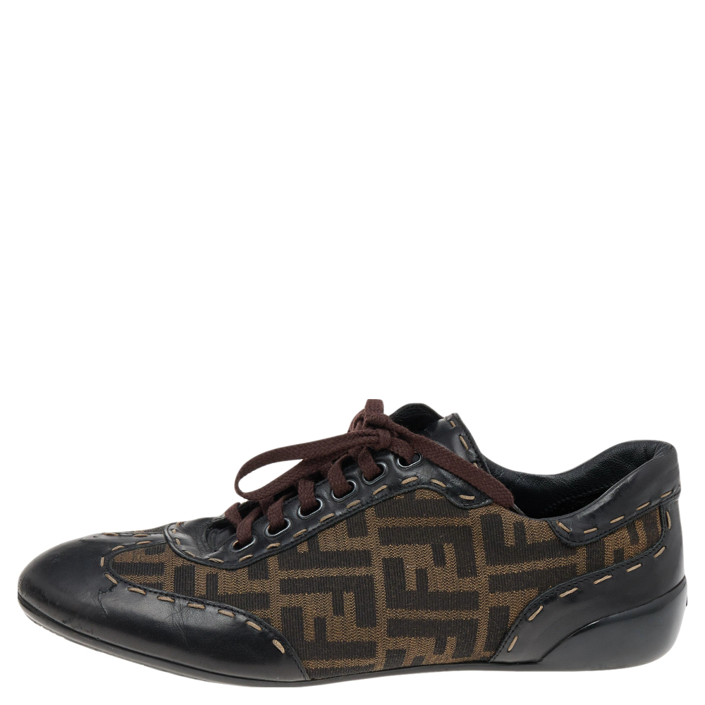 

Fendi Brown Zucca Canvas And Leather Trim Low Top Sneakers Size