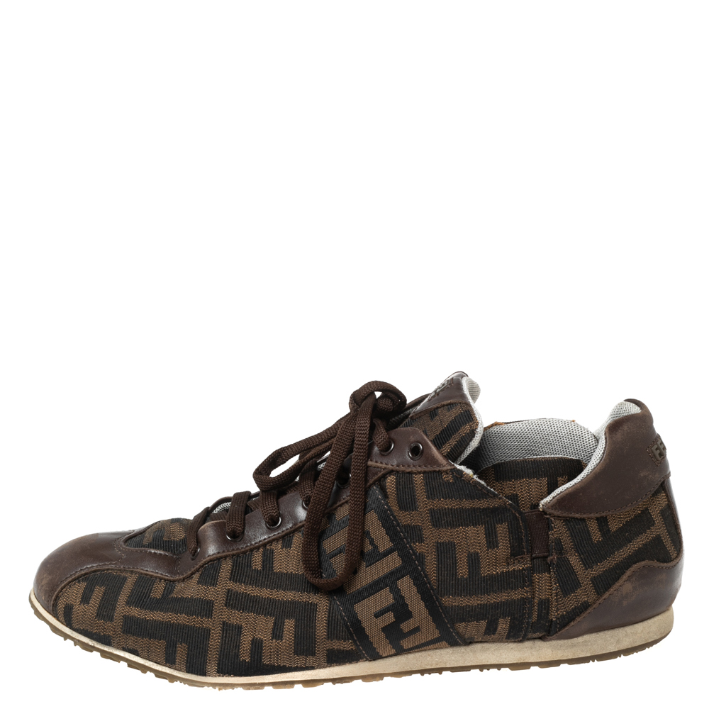 

Fendi Brown Zucca Canvas and Leather Trim Low Top Sneakers Size