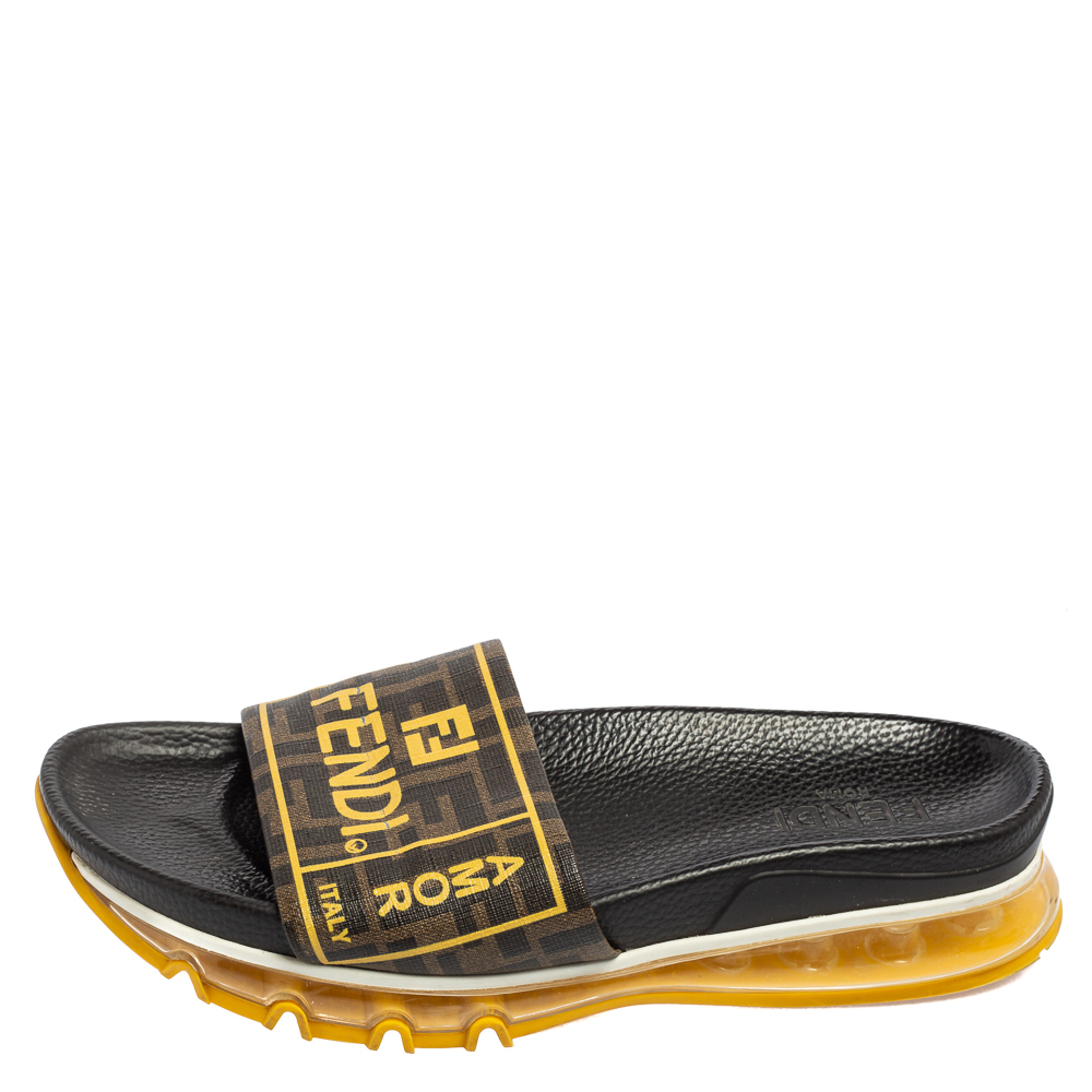 

Fendi Brown Canvas Logo Print Slide Sandals Size