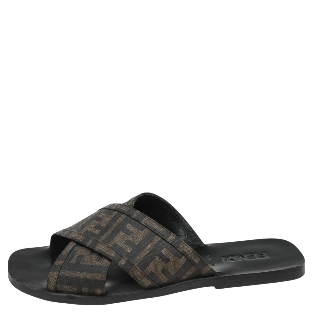 

Fendi Brown Zucca Canvas Crisscross Slide Sandals Size