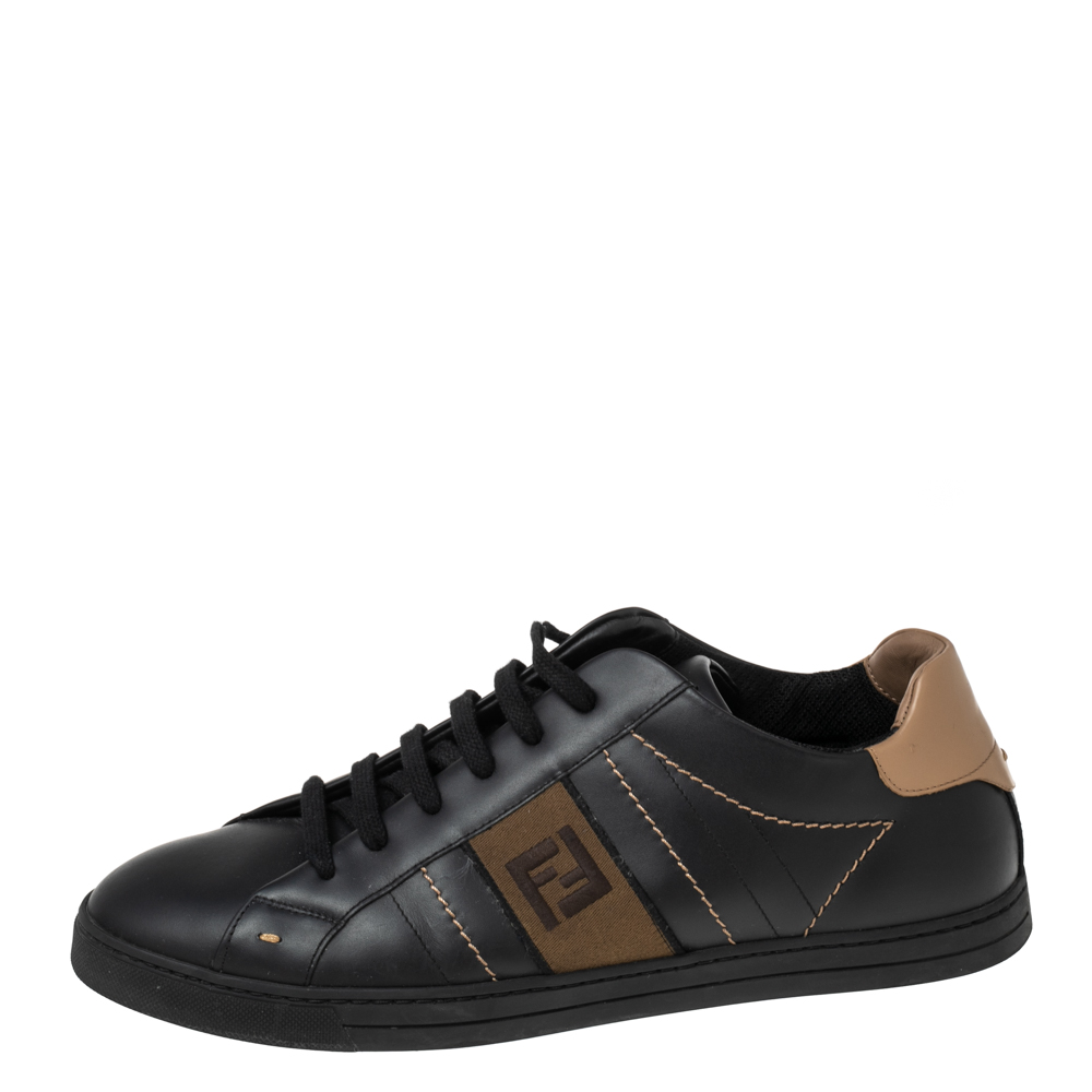 

Fendi Black/Brown Leather FF Embroidered Low Top Sneakers