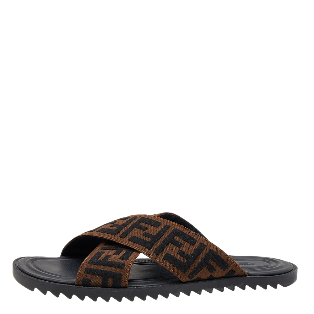 

Fendi Brown Zucca Canvas Crisscross Slide Sandals Size