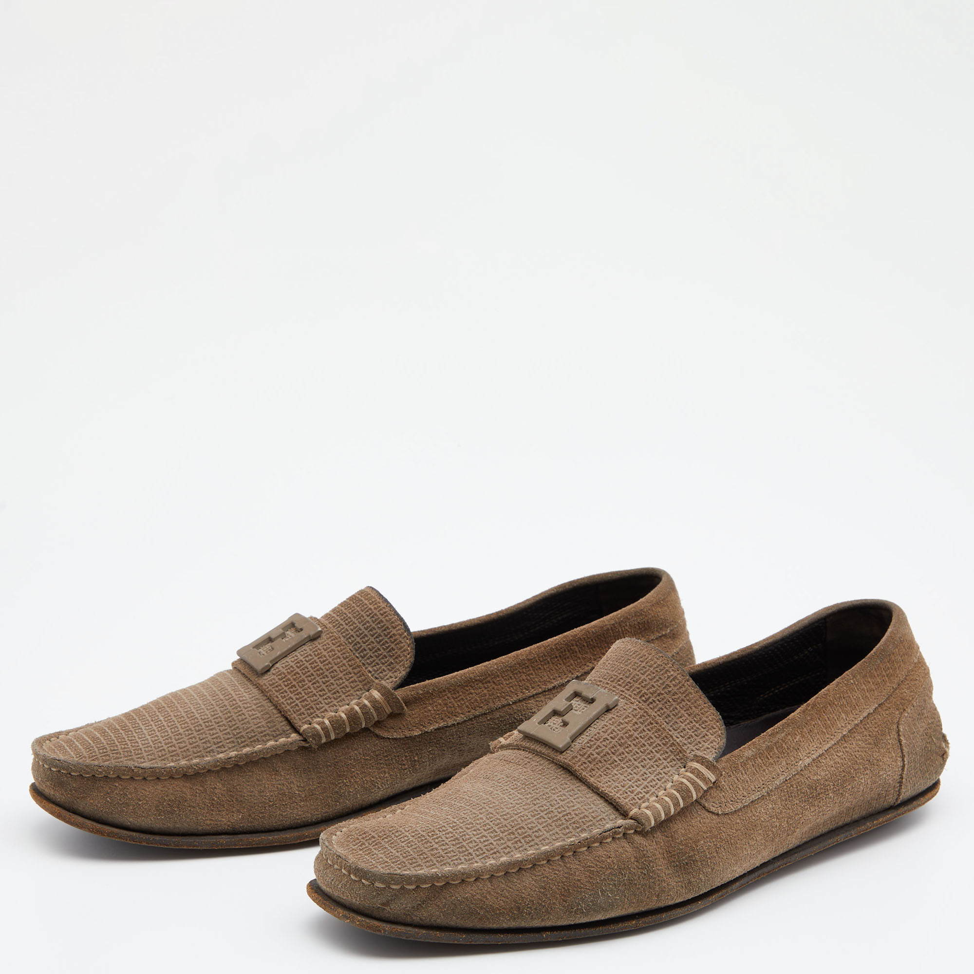 

Fendi Brown Suede Logo Embellished Slip on Loafers Size