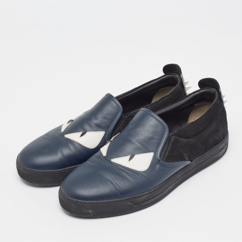 

Fendi Navy Blue/Black Leather and Suede Monster Eye Slip-On Sneakers Size