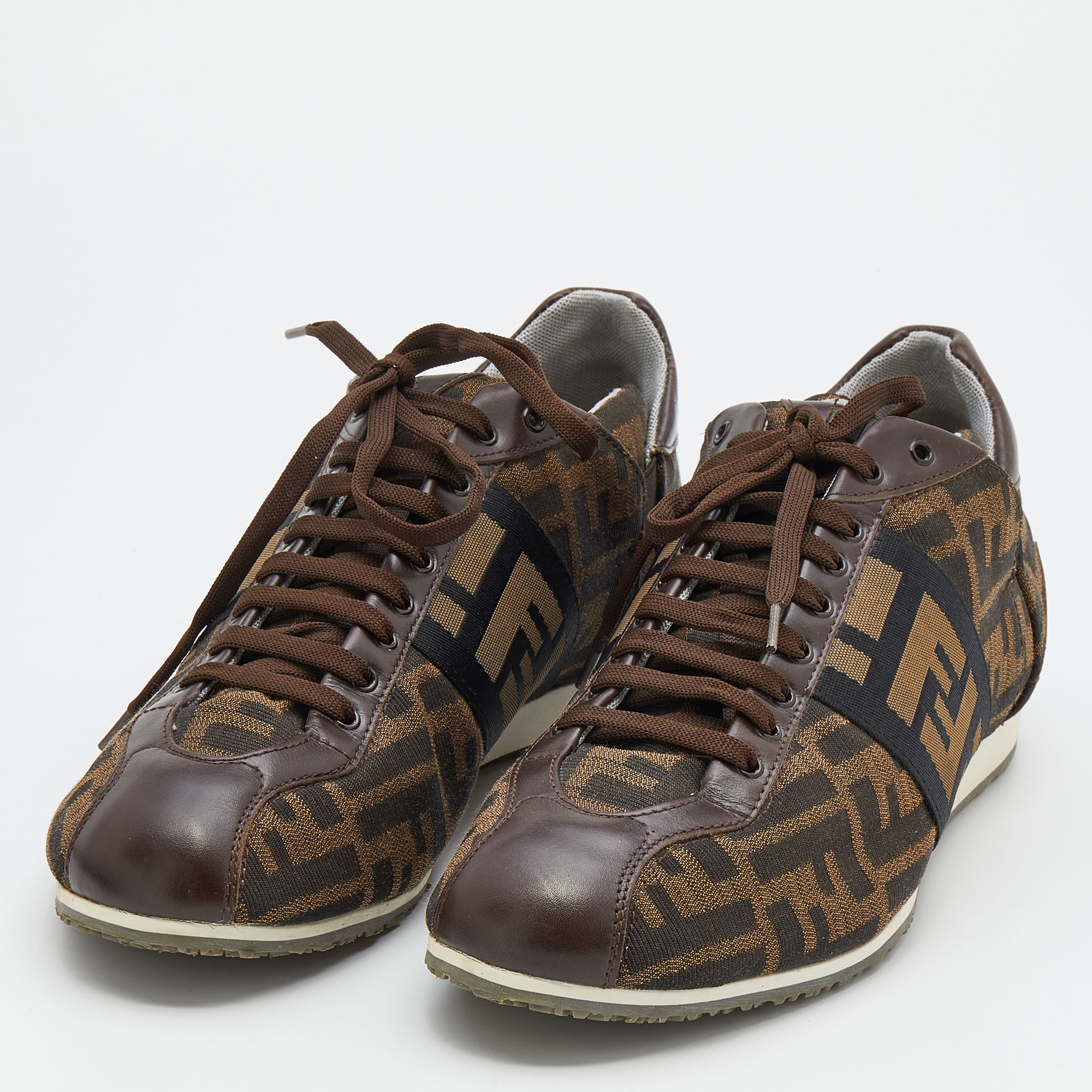 

Fendi Brown Zucca Canvas And Leather Low Top Sneakers Size