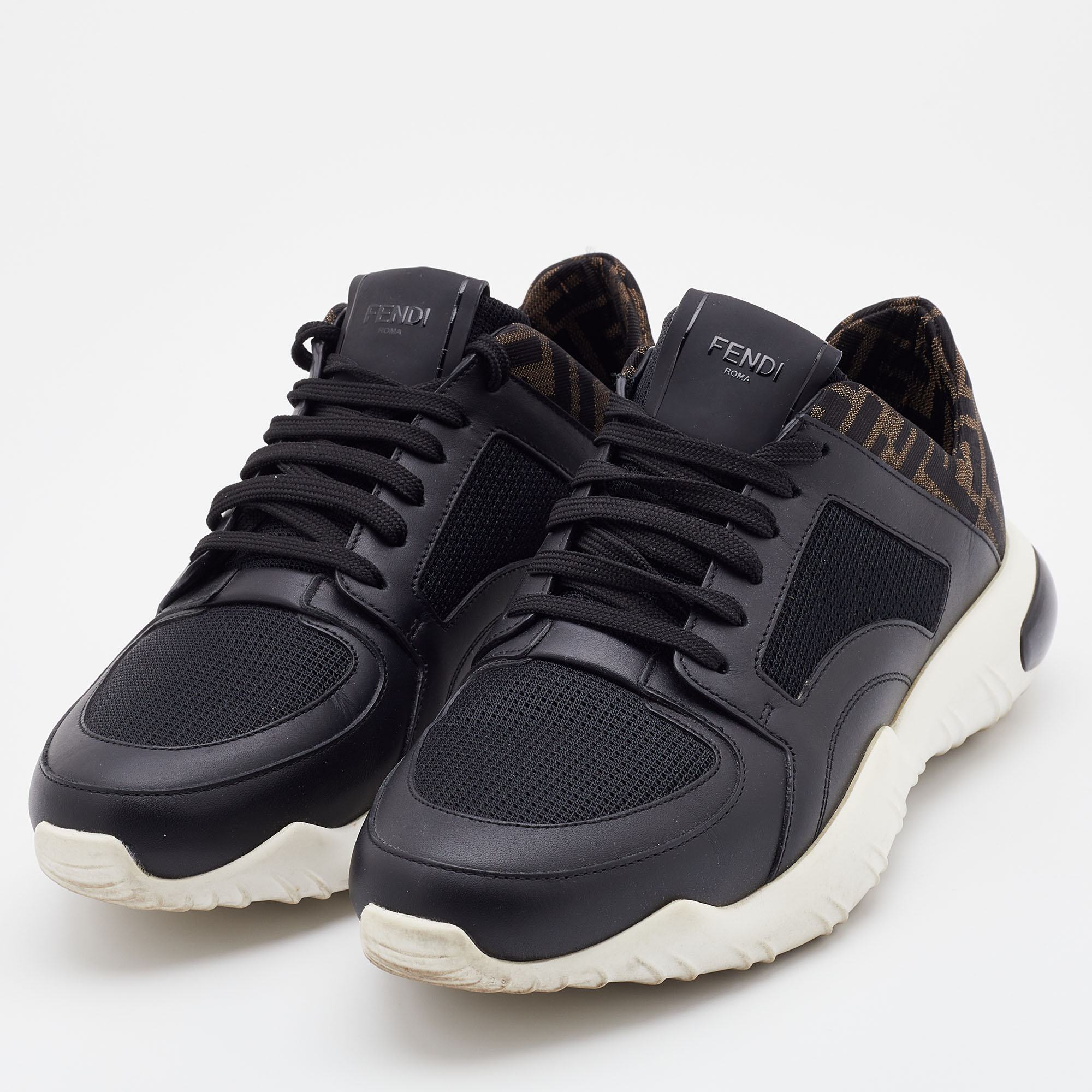 

Fendi Black/Brown Leather and Zucca Fabric Low Top Sneakers Size