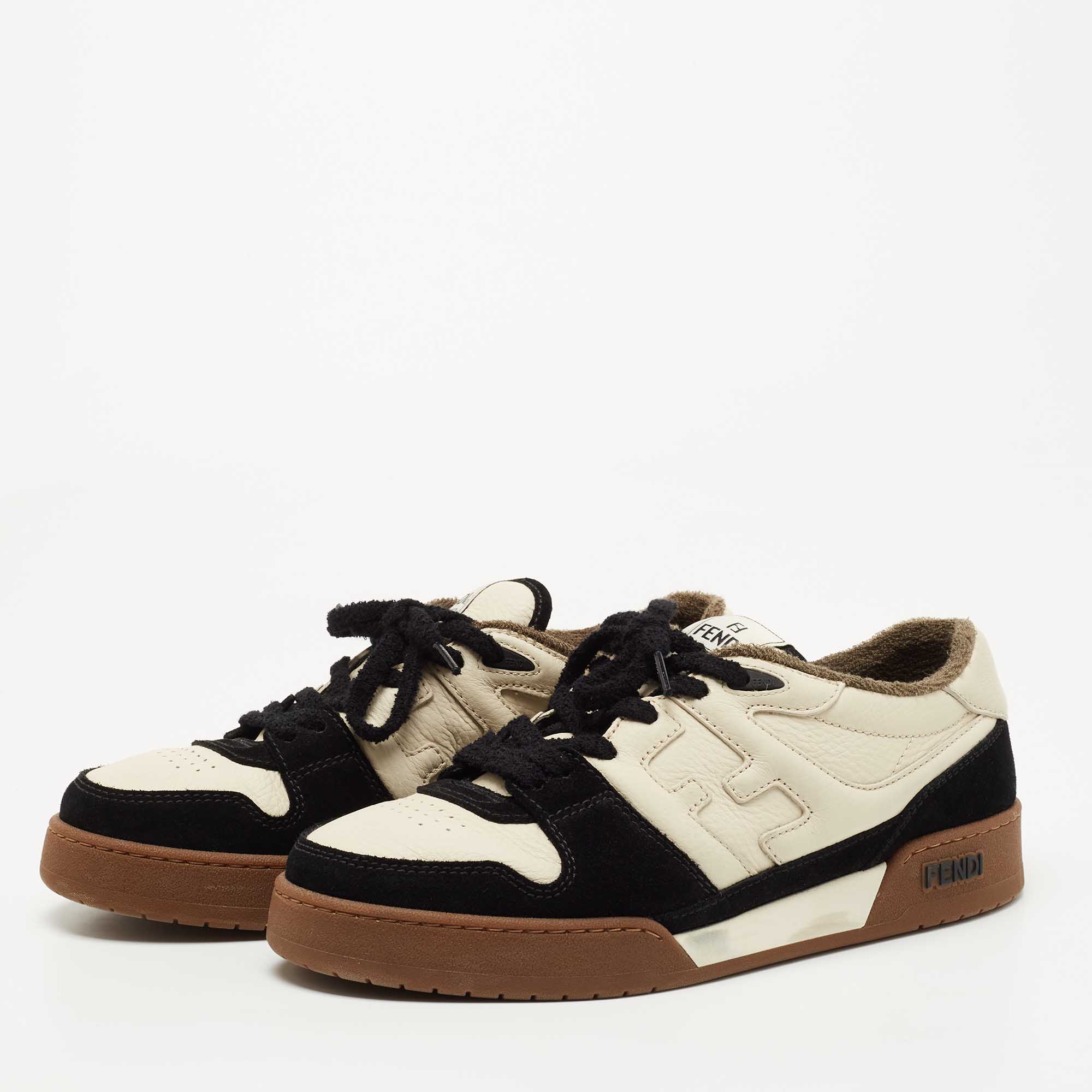 

Fendi Cream/Black Suede and Leather Low Top Sneakers Size, Beige