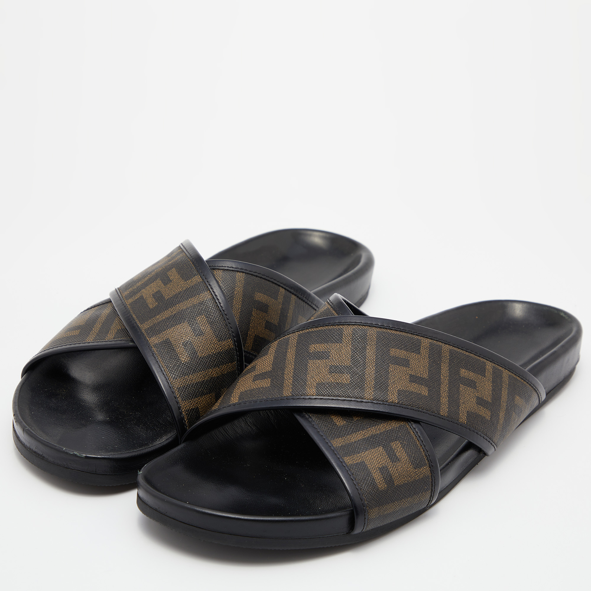 

Fendi Brown/Black Zucca Coated Canvas and Leather Crisscross Slide Sandals Size
