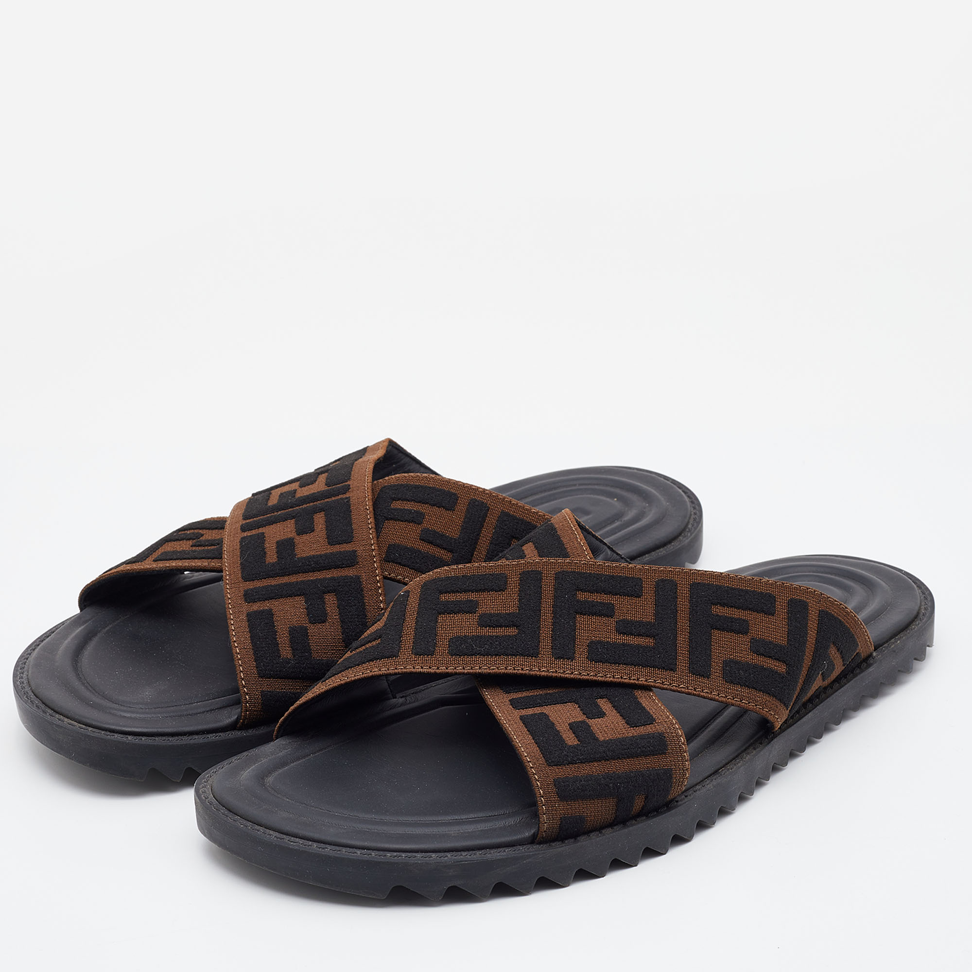 

Fendi Brown/Black Zucca Canvas Crisscross Slide Sandals Size