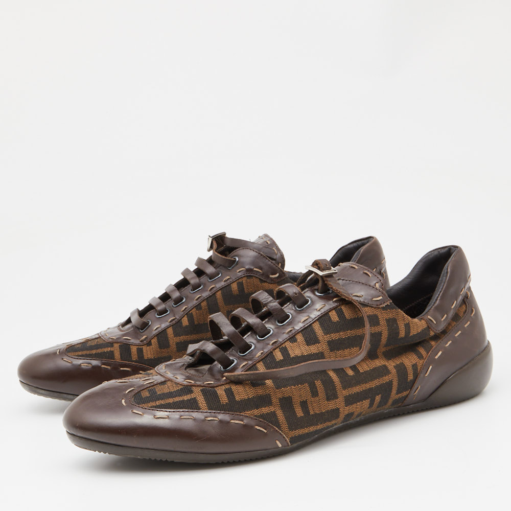 

Fendi Brown Zucca Canvas and Leather Trim Lace Up Sneakers Size