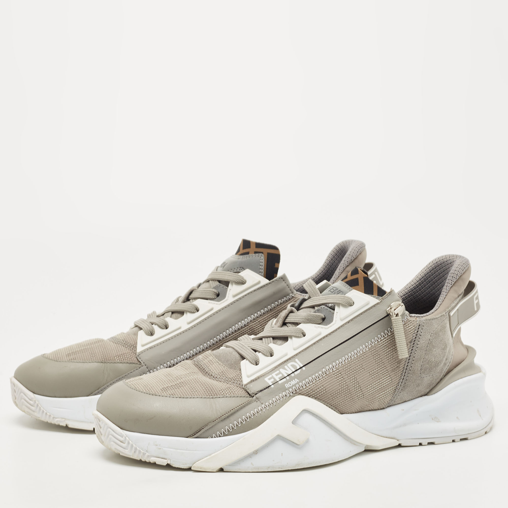 

Fendi Grey Leather and Zucca Canvas Flow Sneakers Size