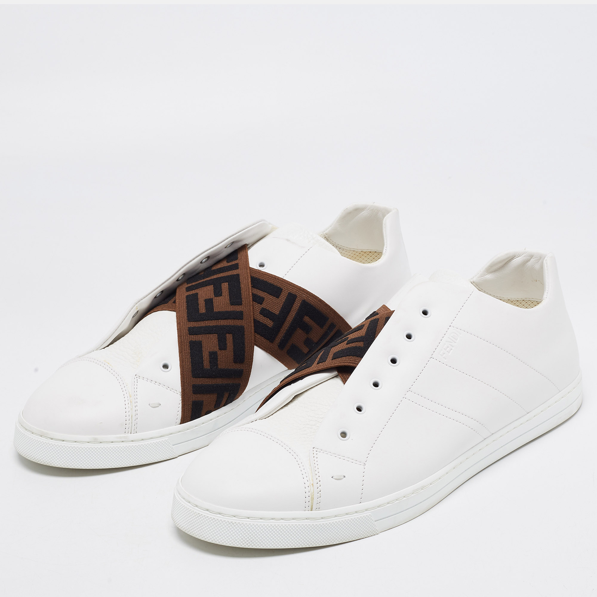 

Fendi White/Brown Leather and Zucca Elastic Band Slip On Sneakers Size