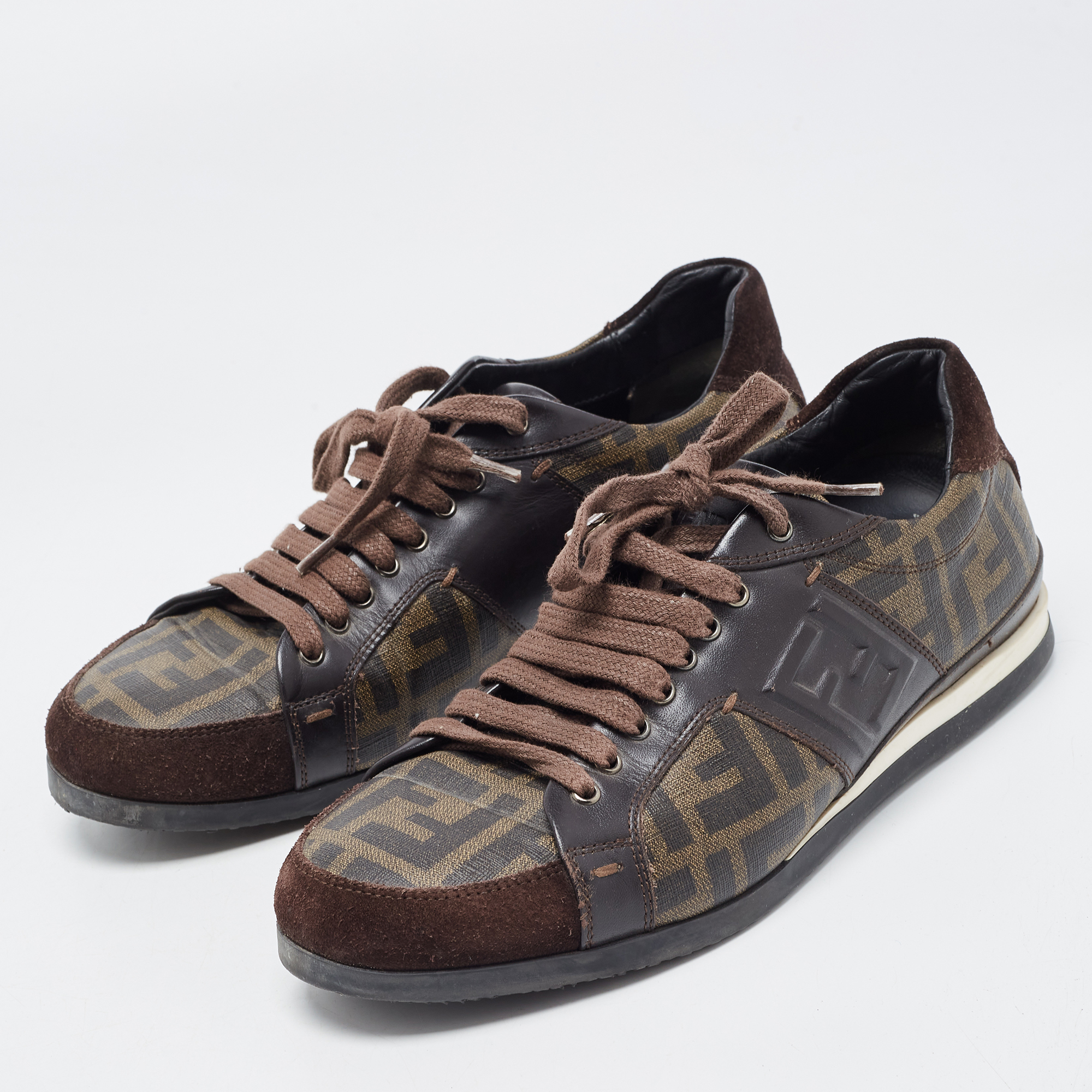 

Fendi Brown Zucca Canvas and Leather Low Top Sneakers Size