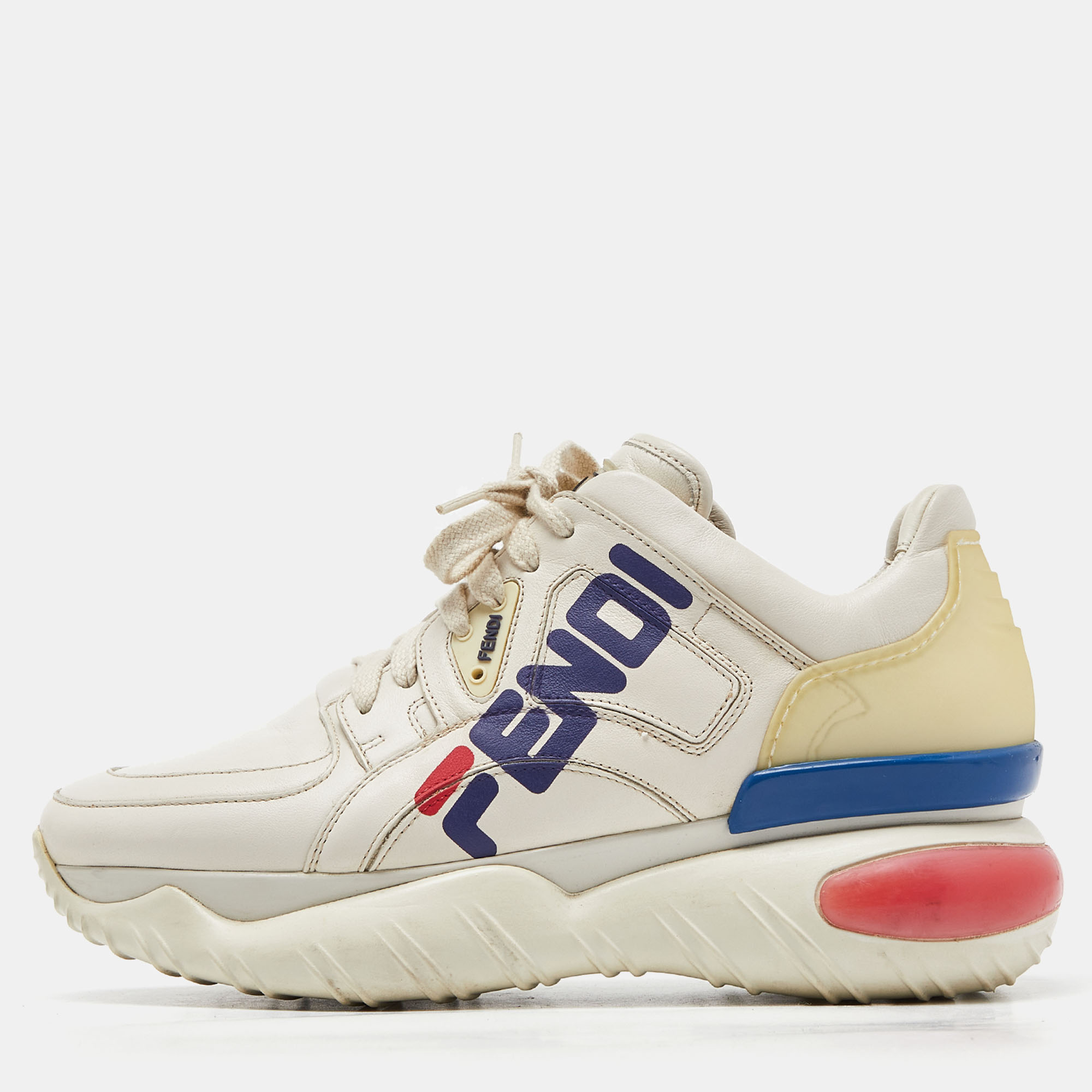 These sneakers are from the collaboration between Fendi and Fila. Made from leather and rubber they feature durable soles and lace up vamps. Filas signature red and blue as well as other elements are seamlessly incorporated into the Fendi pair.