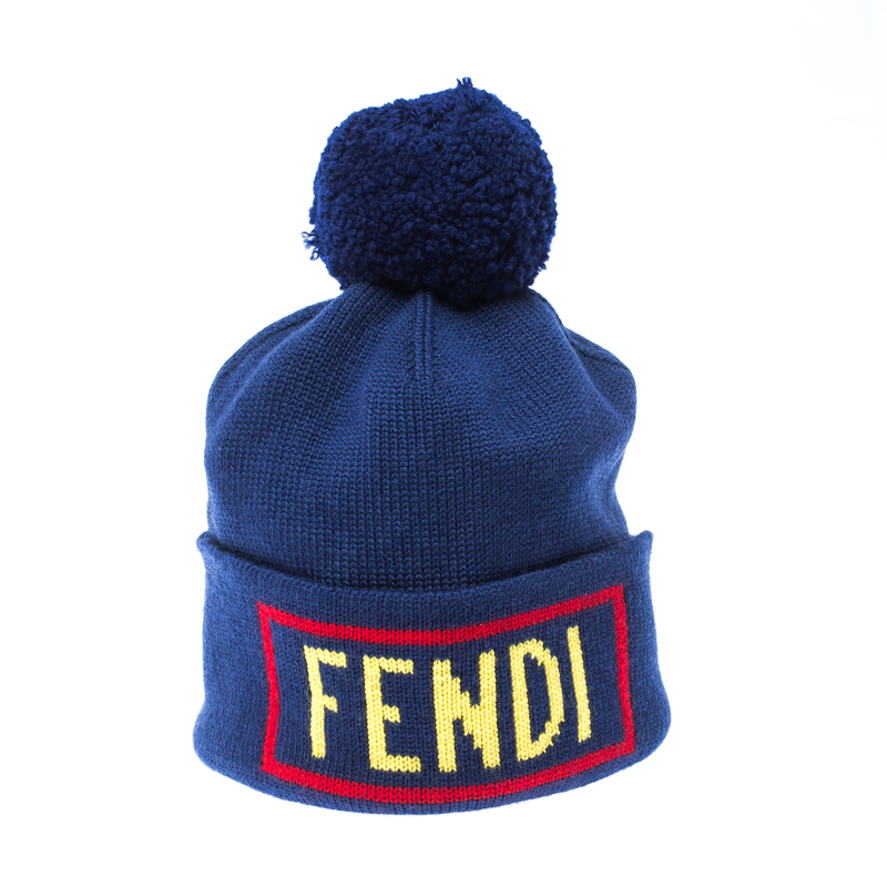 

Fendi Blue Logo Intarsia Knit Wool Beanie