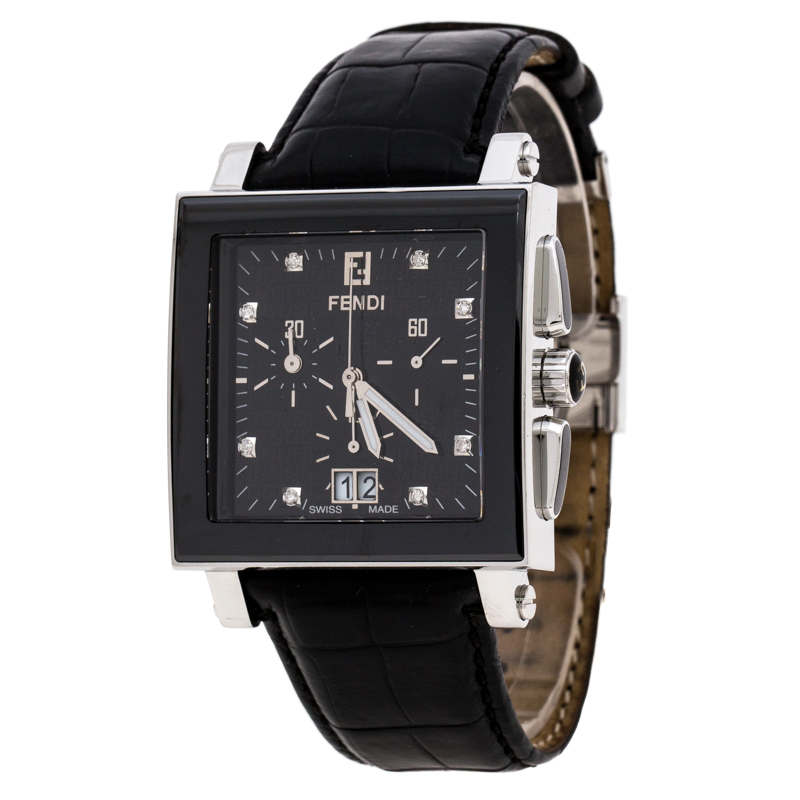Pre-owned Fendi Black Stainless Steel Ceramic Quadro 6500g Men's Wristwatch 39 Mm