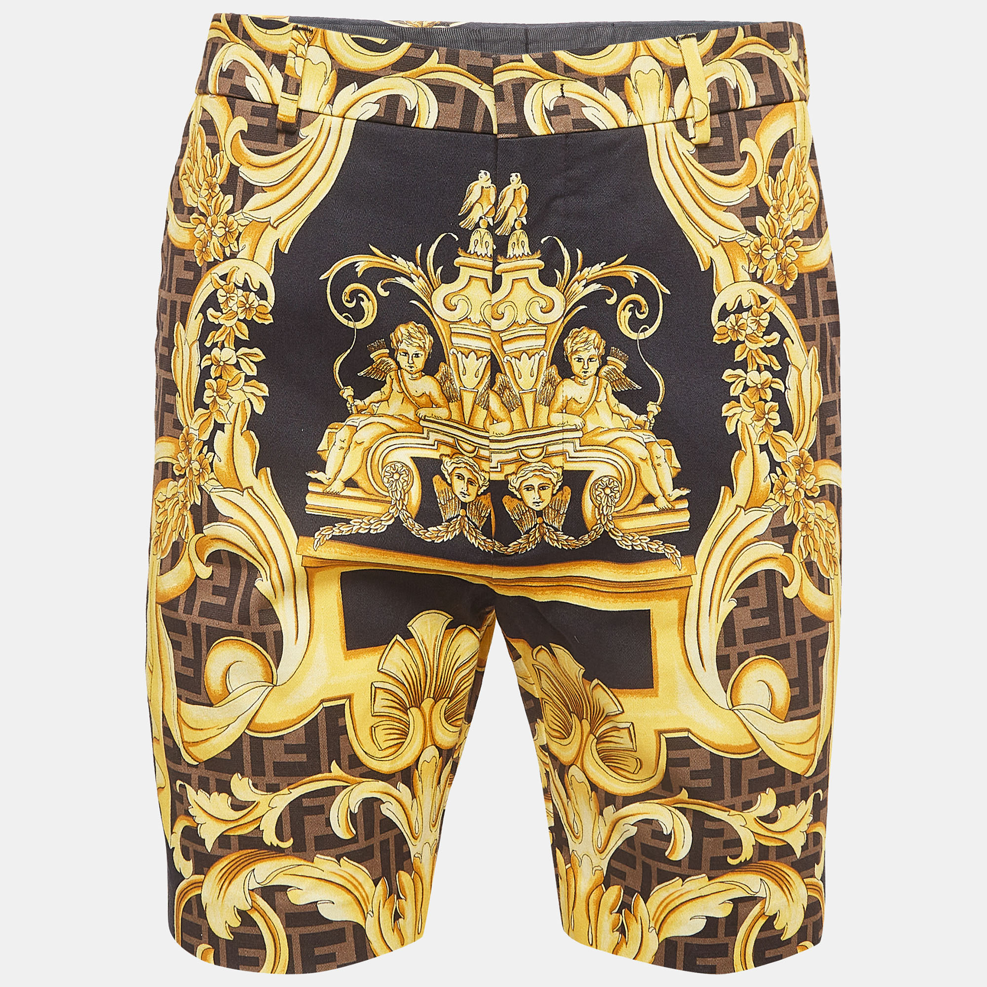 Crafted in luxurious cotton the Fendi x Versace bermuda shorts fuse opulence with street style edge. The intricate baroque pattern featuring striking black and yellow hues exudes boldness. With a comfortable fit and iconic branding these shorts redefine contemporary fashion with a rebellious flair making a statement effortlessly chic.