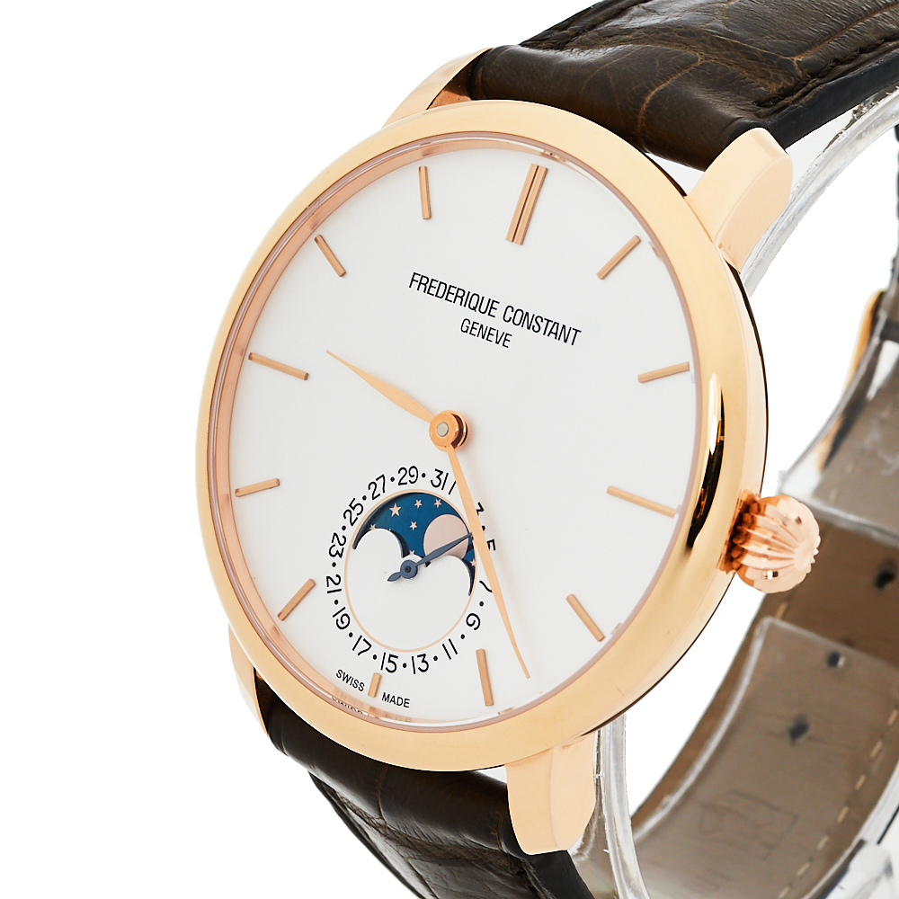 

Frederique Constant Rose Gold Plated Stainless Steel Leather Slimline Moonphase Men's Wristwatch, Silver