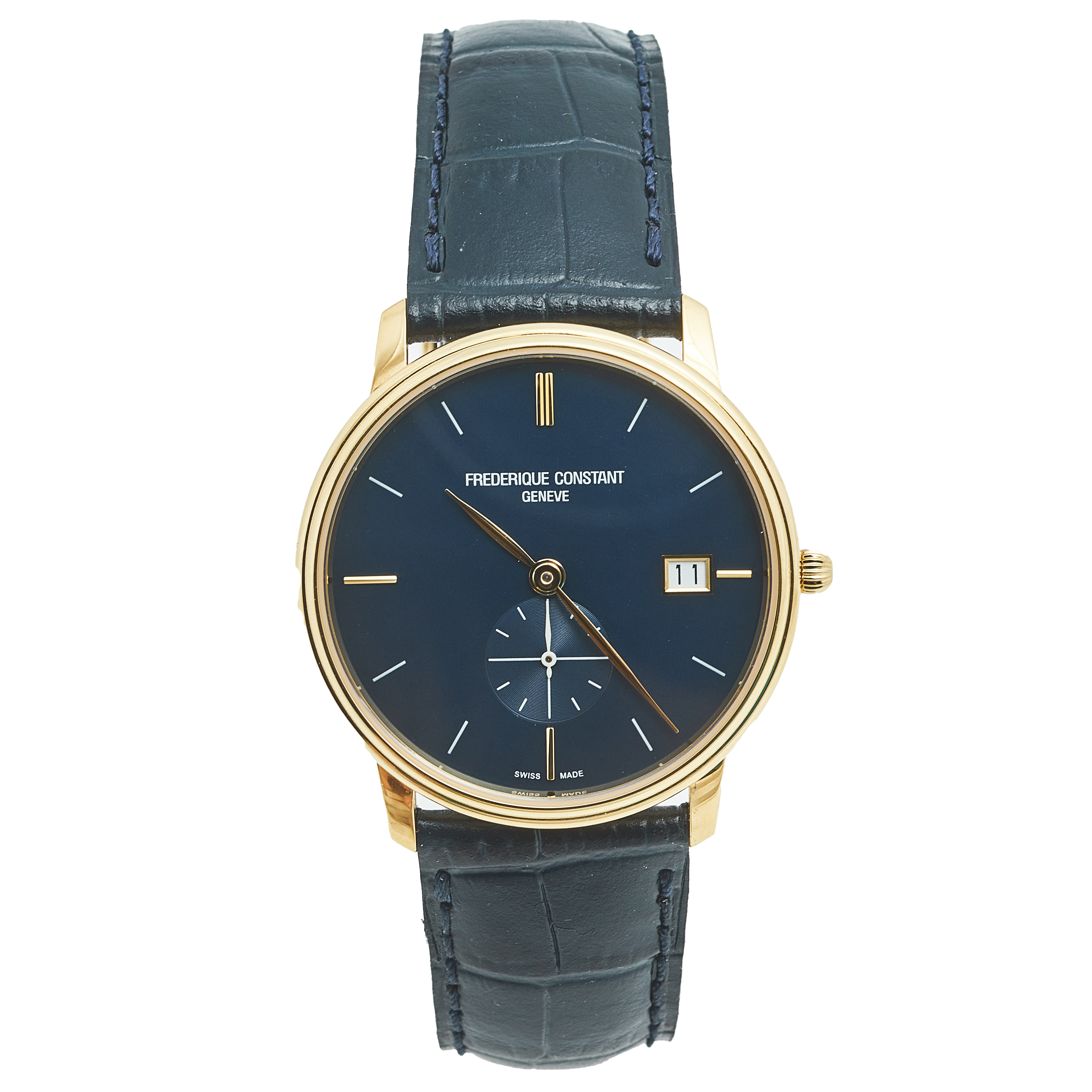 مملوكة مسبقًا Frederique Constant Blue Yellow Gold Plated Stainless Steel Crocodile Slimline FC245N4S5 Men's Wristwatch 37 mm 