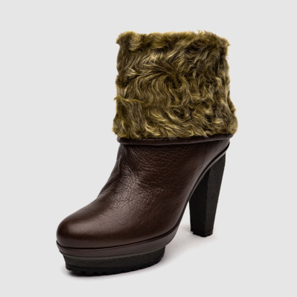 Pre Owned Furla Brown Leather Mid Calf Boots With Fur Lining Size 39.5