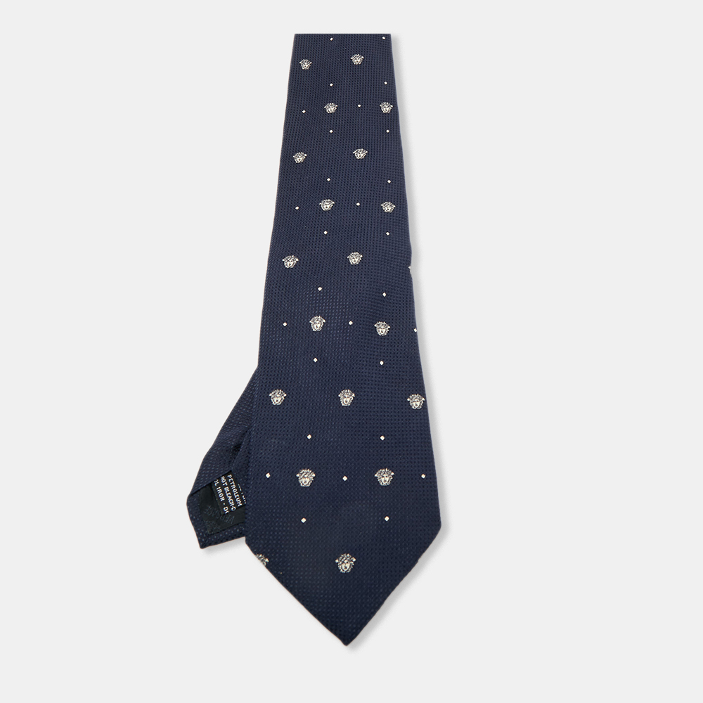 

Gianni Versace Vintage Medusa Motif Silk Traditional Tie, Navy blue