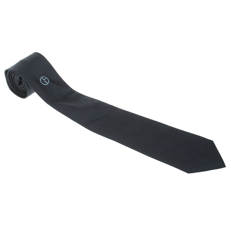 Pre Owned Giorgio Armani Navy Blue Textured Silk Logo Embroidered Tie