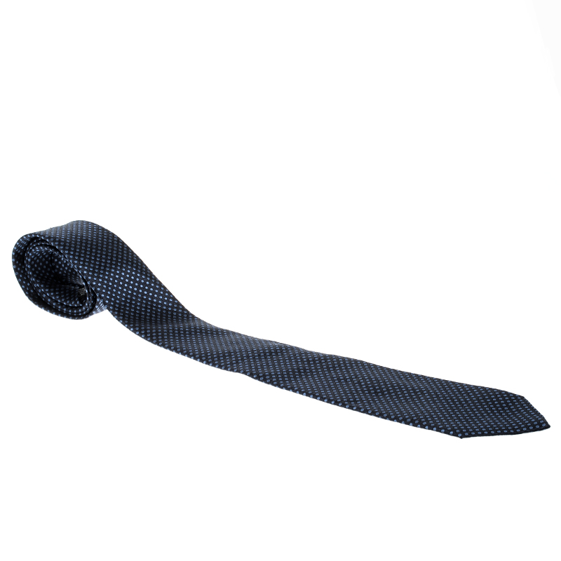 Pre Owned Giorgio Armani Marine Blue Polka Dotted Silk Jacquard Tie