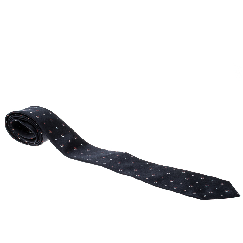 Pre Owned Giorgio Armani Navy Blue Contrast Logo Embroidered Silk Tie