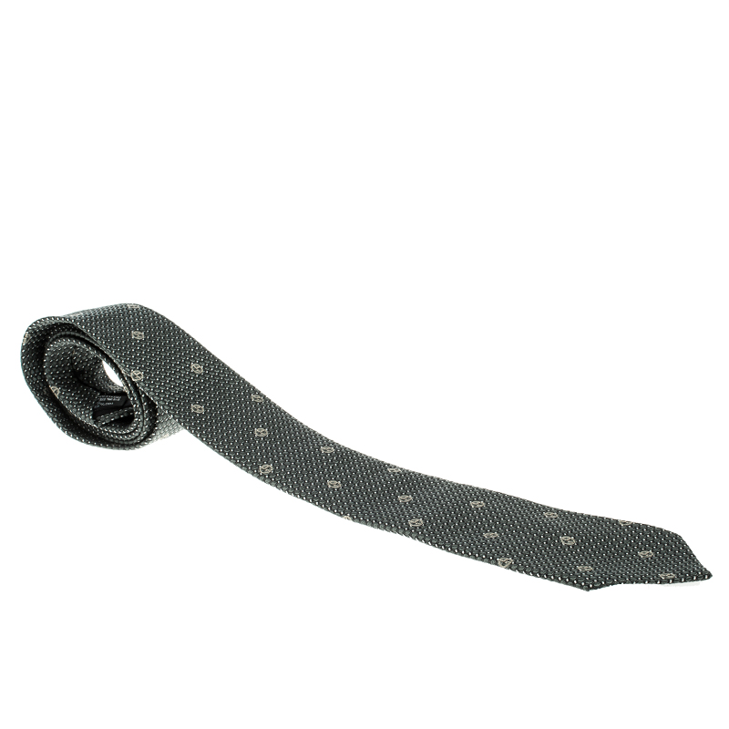 Pre Owned Giorgio Armani Sage Green Logo Pattern Embossed Jacquard Silk Tie