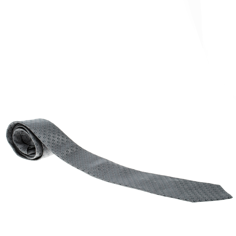 Pre Owned Giorgio Armani Grey Logo Detail Patterned Silk Jacquard Tie