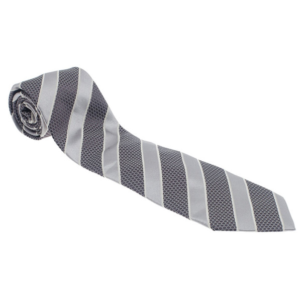 Pre Owned Giorgio Armani Grey Striped Silk Tie