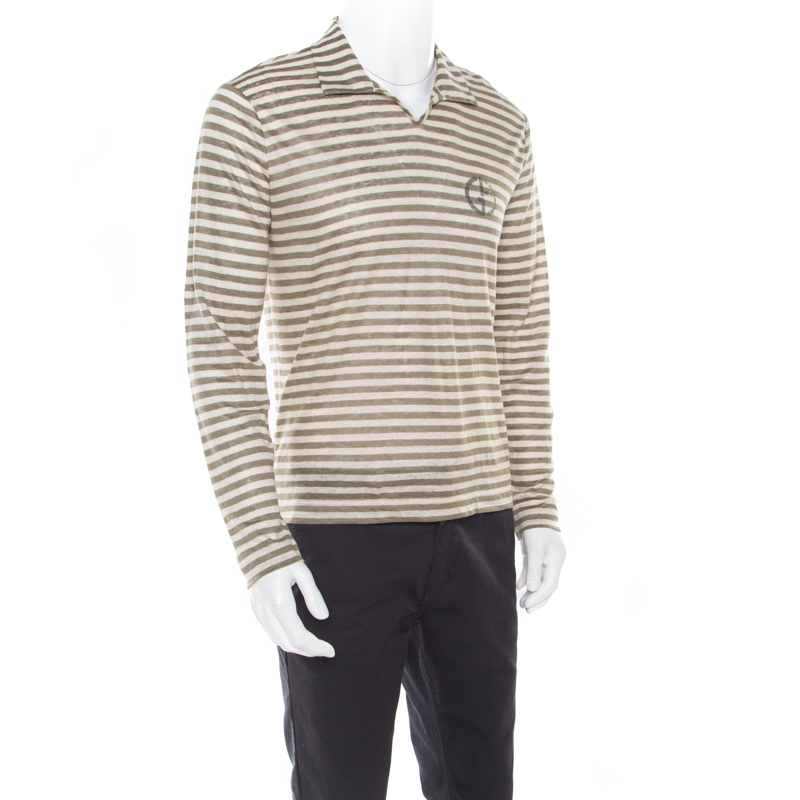

Giorgio Armani Sage Green Linen Striped Jersey Polo T-Shirt