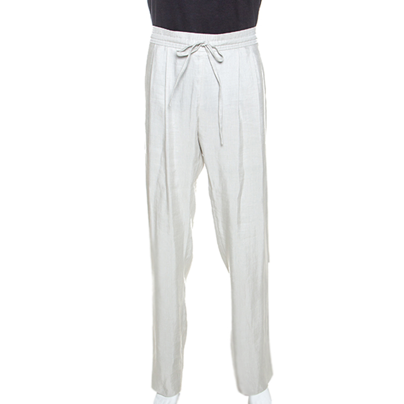 Pre Owned Giorgio Armani Pale Grey Linen Silk Blend Wide Leg Pants M