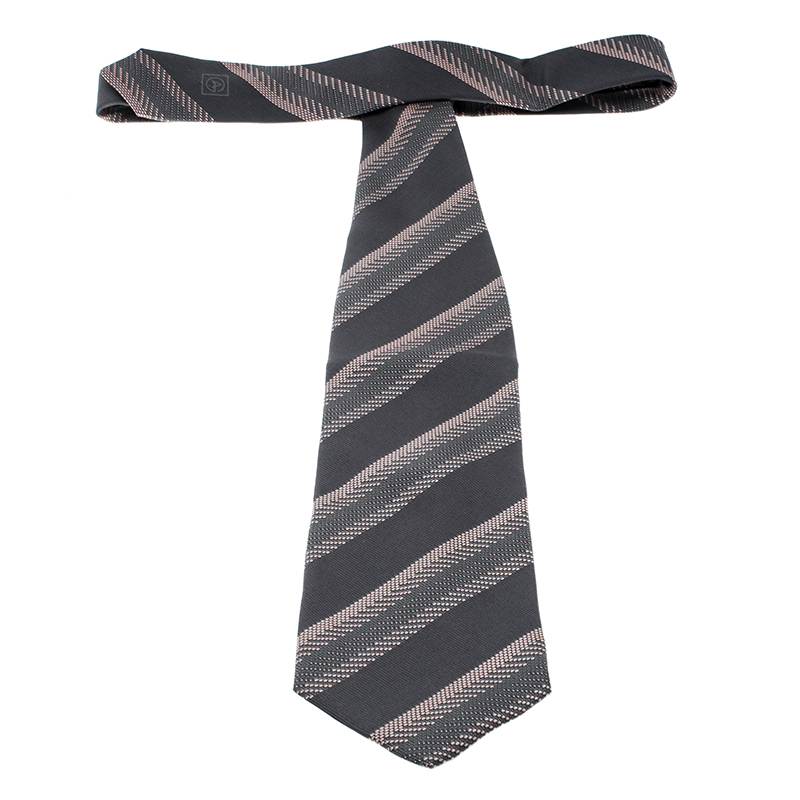 Pre-owned Giorgio Armani Grey Contrast Diagonal Striped Silk Jacquard Traditional Tie