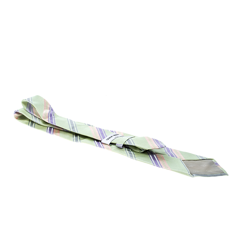 Pre-owned Giorgio Armani Green Contrast Diagonal Striped Traditional Silk Tie