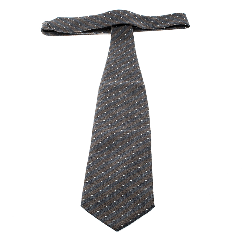Pre-owned Giorgio Armani Diagonal Striped Wool And Silk Dotted Jacquard Tie In Grey