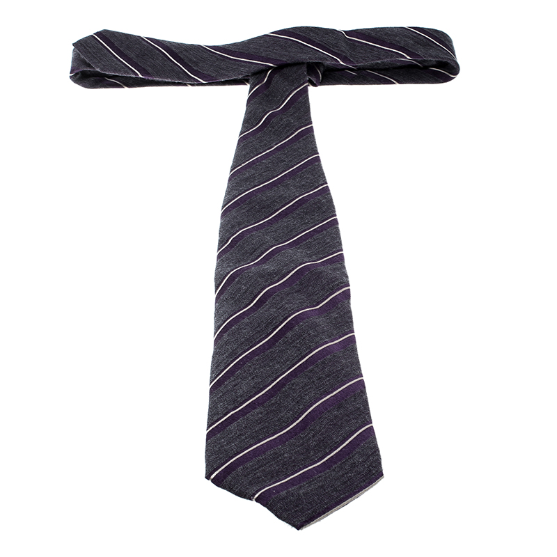 Pre-owned Giorgio Armani Purple Diagonal Striped Silk Wool Traditional Tie